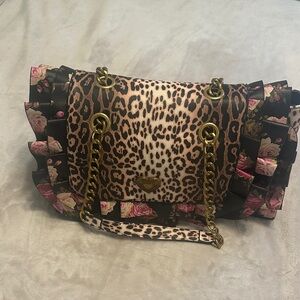 Betsey Johnson Leopard & Pink Floral Chain Shoulder Bag